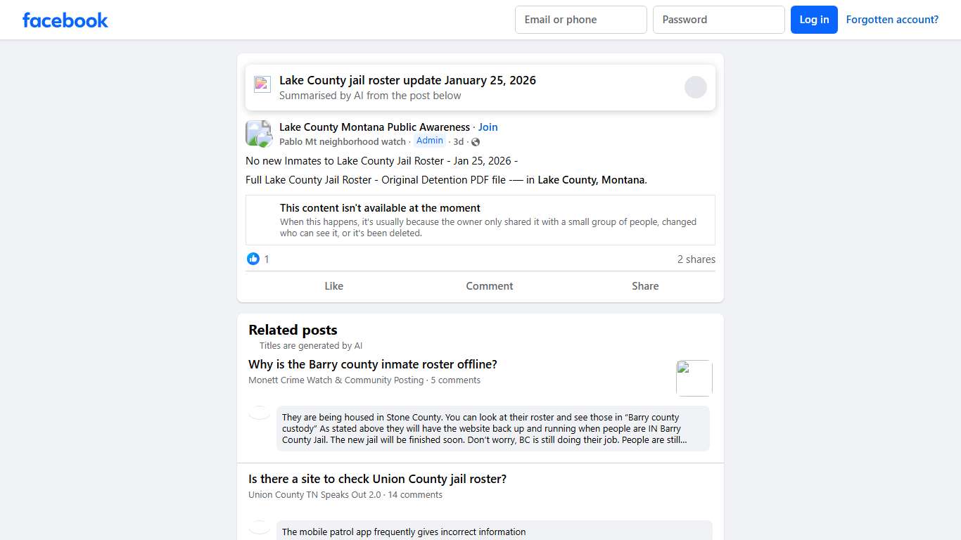 Lake County Montana Public Awareness No new Inmates to Lake County Jail Roster - Jan 25, 2026 - Facebook